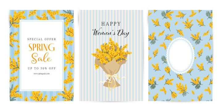Spring Cards or flyers. Vector illustration of spring Mimosa flowers