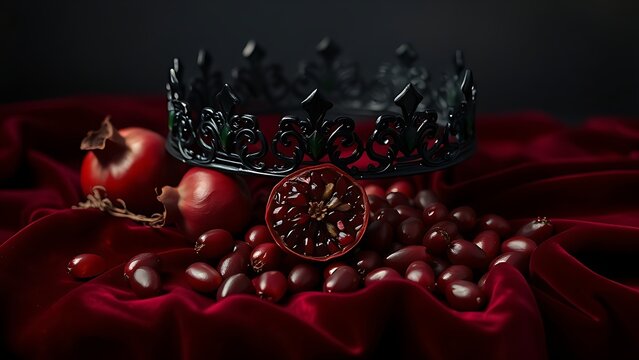 infamy. Obsidian crown and pomegranate seeds on crimson velvet in dramatic lighting. event programs, museum guides, designed for cultural heritage projects and event programs.