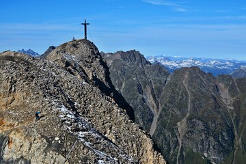 Fototapeta premium Austrian Alps - view of Gipfelkreuz near peak Greitspitze