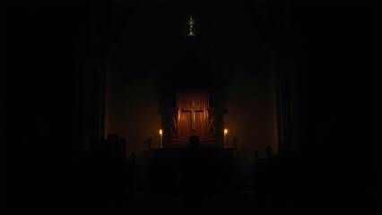 Fototapeta premium penitent. Silhouette of a person kneeling in a dim church with candlelight. event programs, museum guides, designed for cultural heritage projects and event programs, supports education.