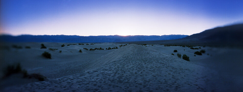 Panoramic view of Mesquite Flat Sand Dunes at sunset, Death Valley National Park, California, United States