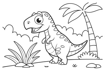 Obraz premium kids coloring page, tyrannosaurus rex dinosaur, cute cartoon style, friendly face, thick bold outlines, simple shapes, black and white line art, no shading, no color