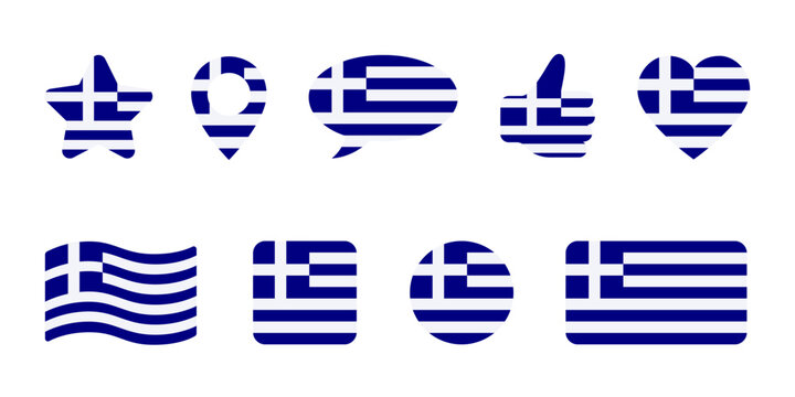 Icon set with star, heart, map, pin, speech bubble and thumb up of Greece flag colors. Minimal symbols or signs isolated on white. Vector clipart, illustration of Greek event or national holidays.