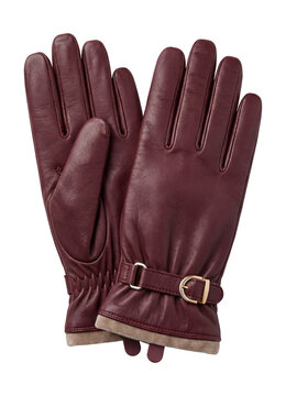 Burgundy leather gloves with a ruched wrist and gold-tone buckle