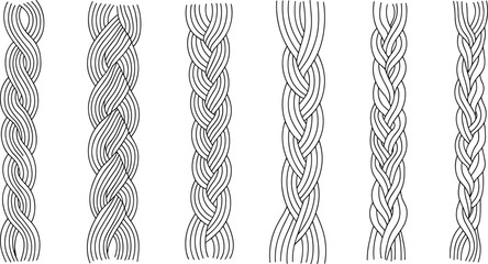 Set of braided rope and woven plait patterns in minimal black outline, decorative vector elements for textile, hair, and ornament design © ARMAN STOCK
