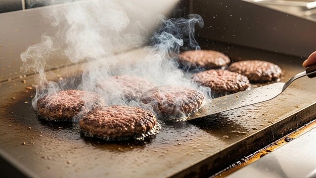 Delicious Burgers Sizzling on Griddle