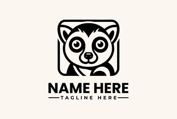 Fototapeta premium A black and white illustration of a cartoon raccoon's face within a square icon, accompanied by placeholder text for a name and tagline on a beige background.