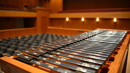 Obraz premium glockenspiel. Professional glockenspiel with metal bars in a concert hall setting. event programs, museum guides, designed for cultural heritage projects and event programs, used by fitness trainers.