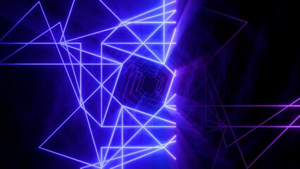 Abstract futuristic technology background with glowing blue and purple neon geometric lines forming a digital tunnel 3d illustration