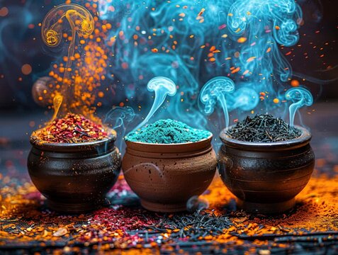 Three jars with vibrant spices on a dark surface, dynamic motion of red, blue, and orange particles in the air, artistic style, focused lighting, elevated perspective - AI-Generated