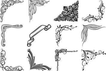 Collection of 12 black and white illustrations of various decorative elements isolated on transparent background