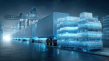 Bottled water pallet container cargo logistics transportation truck warehouse supply chain distribution freight shipment glowing blue light night
