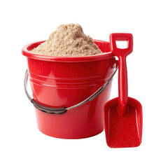 Red bucket with sand and plastic shovel for sandcastle construction [Transparent Background PNG].
