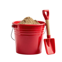 Red bucket with sand and plastic shovel for sandcastle construction [Transparent Background PNG].