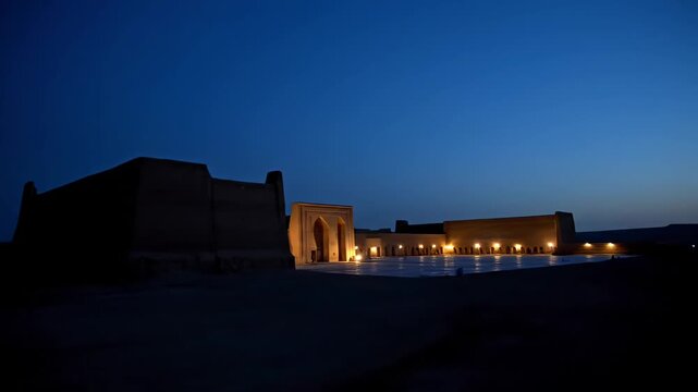 The ancient, mud-brick fortress stands silhouetted against the deep indigo twilight sky while warm exterior lights illuminate the historical facade of this desert structure.
