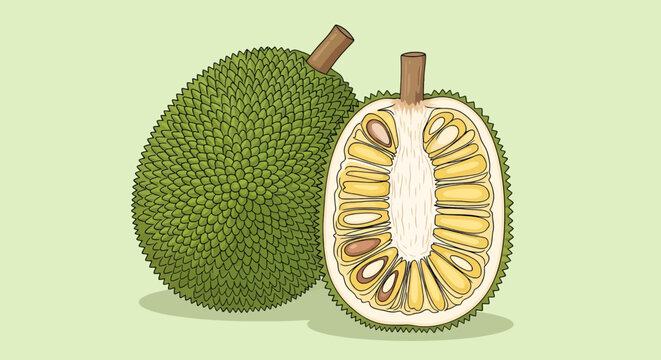 A cross-section of a durian fruit showcasing its distinctive and spiky exterior alongside its creamy interior
