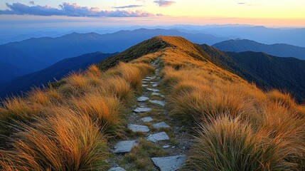 Stone path winds along mountain ridge with grassy fields at sunset