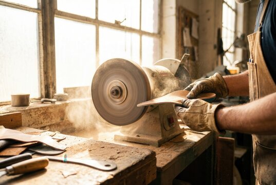 Artisan cobbler grinding leather insole in sunlit workshop