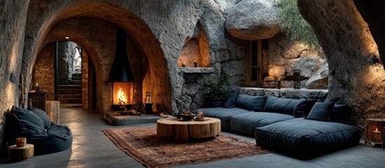 A cozy cave-like living space with fireplace, sofa, and natural rock walls