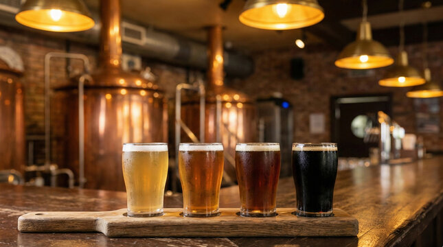 Four Different Craft Beer Tasters on Wooden Board in a Modern Industrial Brewery for National Beer Day