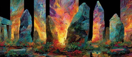 Vivid, stylized painting depicts standing stones and abstract, colorful light
