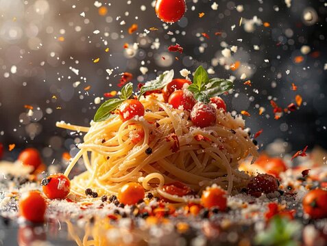 Close-up view of arranged spaghetti in circular formation, sprinkled with red pepper flakes and tomatoes, basil leaves scattered, cheese on top, soft lighting, culinary promotion or foo - AI-Generated