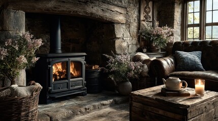 Cozy room with fireplace, stove, sofa, flowers, and candles