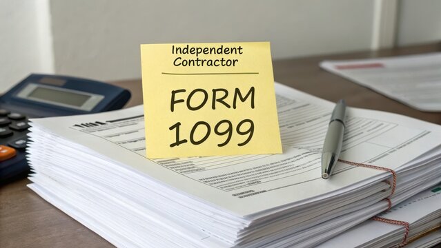 Independent Contractor 1099 Tax Form with Pen and Calculator on Desk