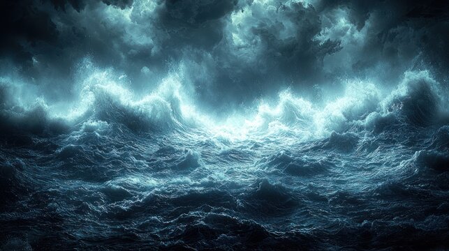 Turbulent ocean scene with crashing waves under a stormy, glowing sky