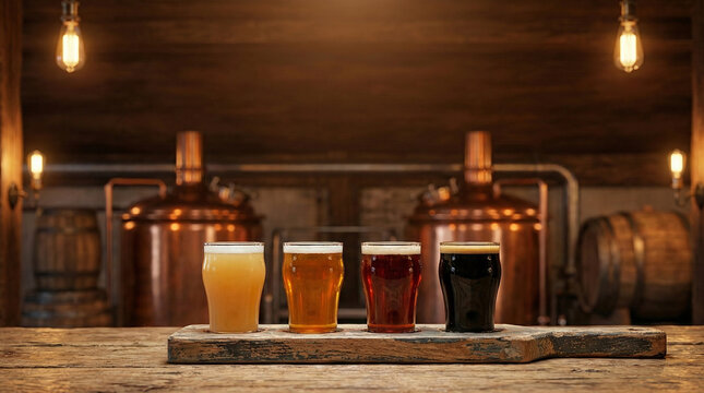 Beer Tasting Flight with Four Different Craft Beers on Wooden Board in a Traditional Brewery for National Beer Day