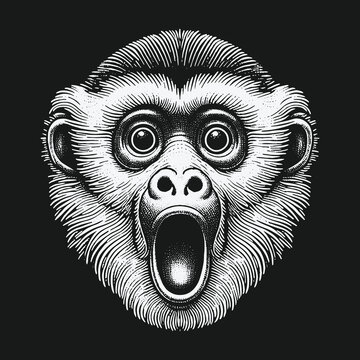 Surprised Monkey Face Engraving: Detailed Black and White Illustration.