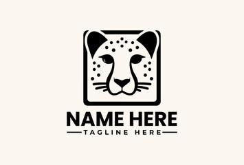 A black and white illustration of a leopard's head in a square frame with placeholder text for a name and tagline on a beige background. © vectorvovdesign