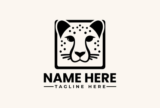 A black and white illustration of a leopard's head in a square frame with placeholder text for a name and tagline on a beige background.