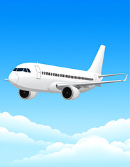 Obraz premium White passenger jet soars over fluffy white clouds, set against a bright blue gradient sky