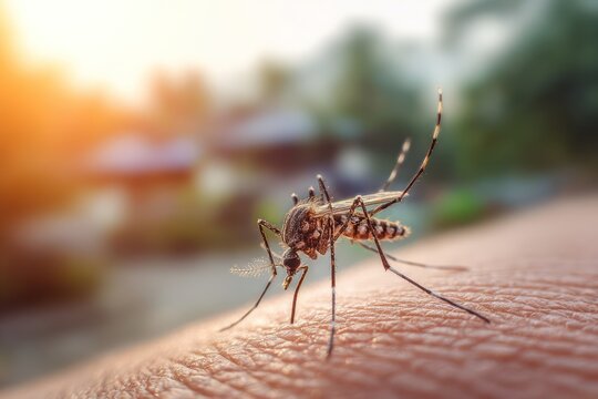 Small mosquito biting skin outdoors macro
