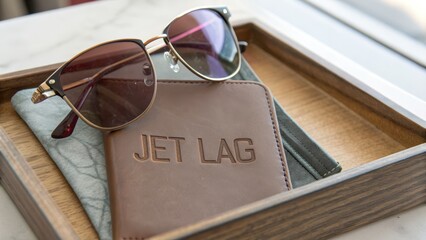 Stylish Sunglasses and Travel Wallet on Wooden Tray for Jet Setters