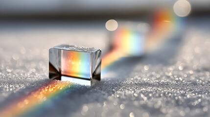 Ultra realistic prism splitting light into rainbow on snowy surface