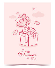 Hand drawn minimal line art Valentines Day greeting card  with gift and heart.