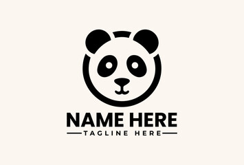 Obraz premium A simple black and white vector illustration of a panda's face with placeholder text for a name and tagline on a beige background, featuring a logo and icon design.