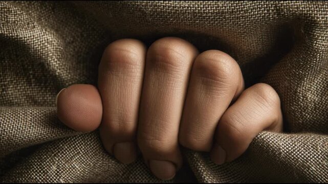 Close-up of a hand gripping rough fabric, conveying struggle and determination.