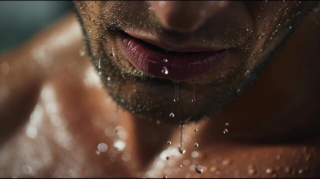 Close-up of a mans face with water dripping from his chin and beard, showing sweat and exertion.