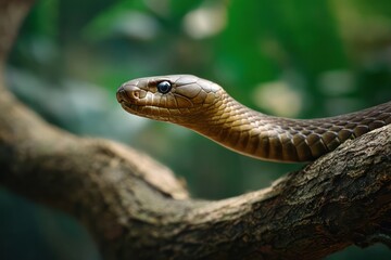 Fototapeta premium Venomous black mamba snake alert on branch