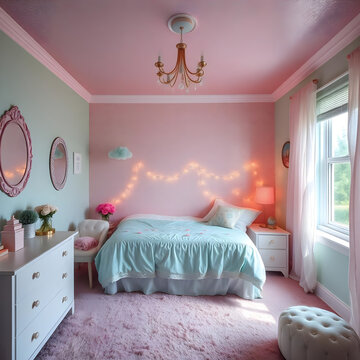 Habitaci&oacute;n de princesa rosa con cama de ensue&ntilde;o y luces suaves