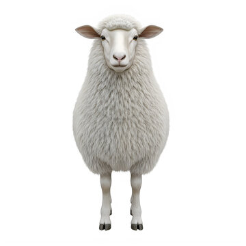 A fluffy sheep standing on a white background