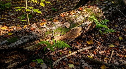 Obraz premium Sunlight illuminates a mossy fallen log in a forest floor