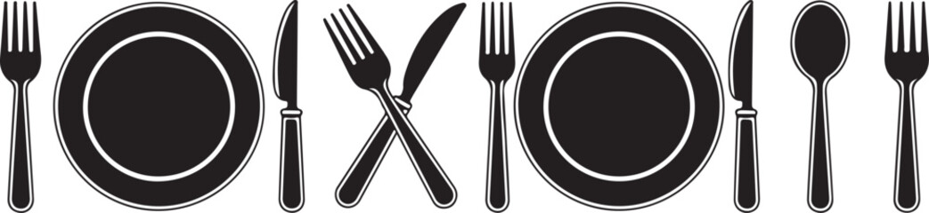 Black and white illustration of various dining utensils and plates  eating  table setting