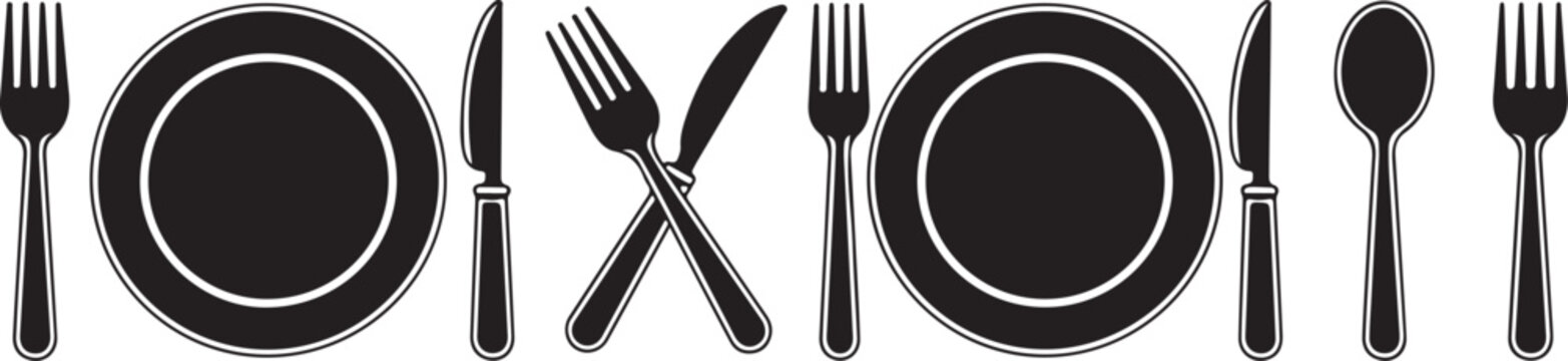 Black and white illustration of various dining utensils and plates  eating  table setting