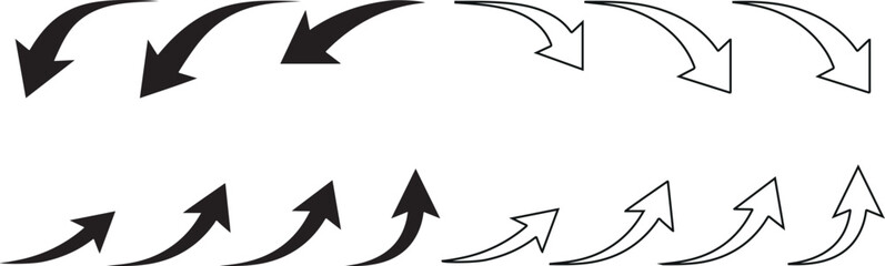 Collection of various curved arrows in black and white for design and direction