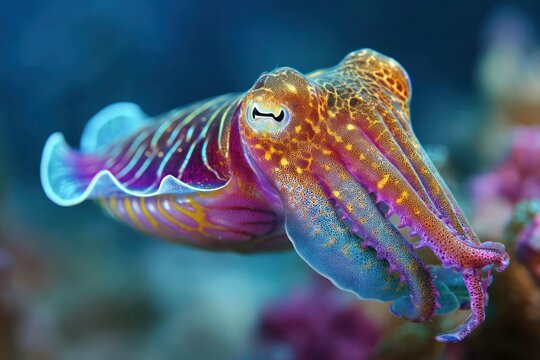 Vibrant flamboyant cuttlefish underwater on reef