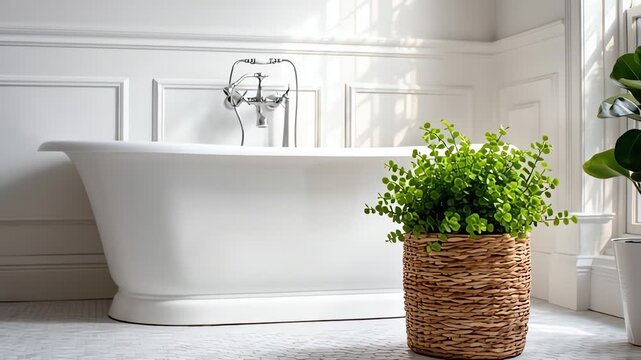 Bathroom with white bathtub and plant.